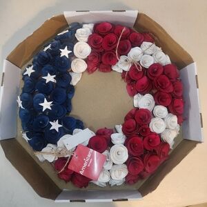 The All American Patriotic Wood Curls Wreath Red White & Blue GOOD ALL YEAR